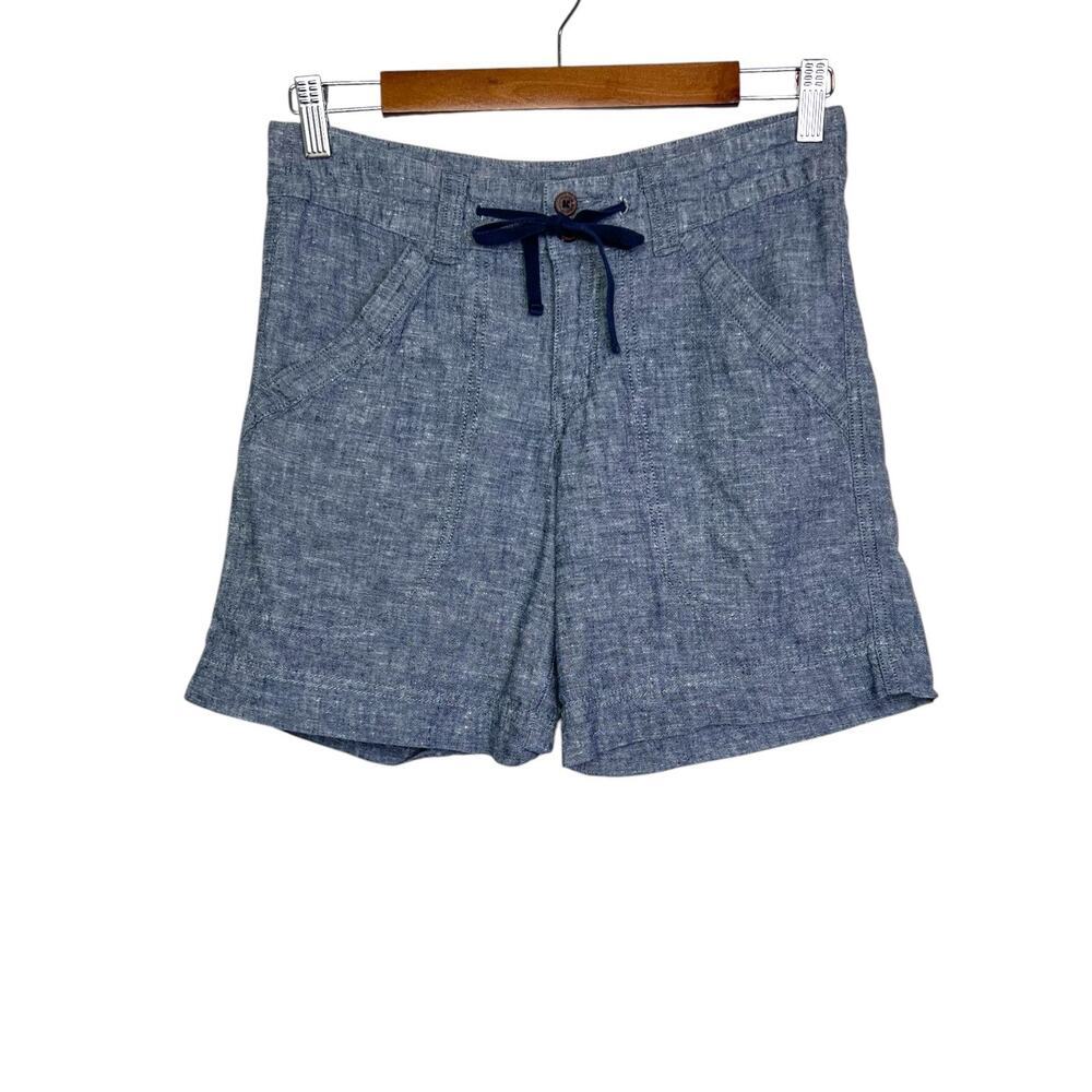 Patagonia Island Hemp Shorts Blue Chambray Linen Blend Flat Front Womens Size 2